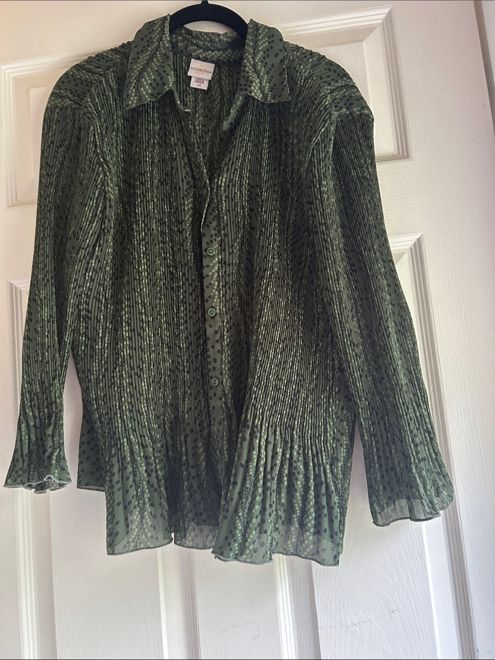 Textured Olive Green Polka Dot Button-Front Women's Blouse